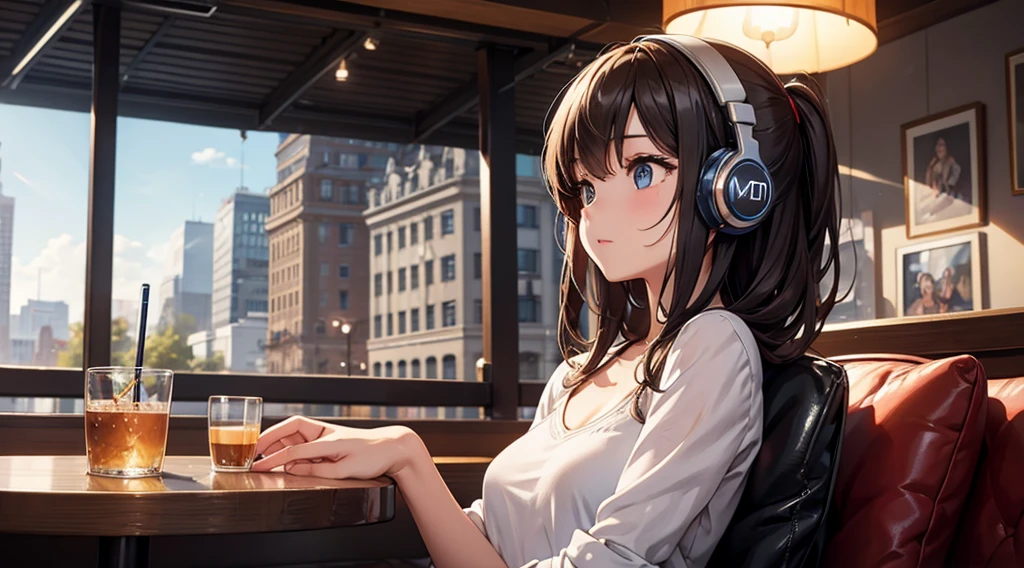 Girl with headphones enjoying music in a cafe　I am studying　Emphasize a little bit of the chest