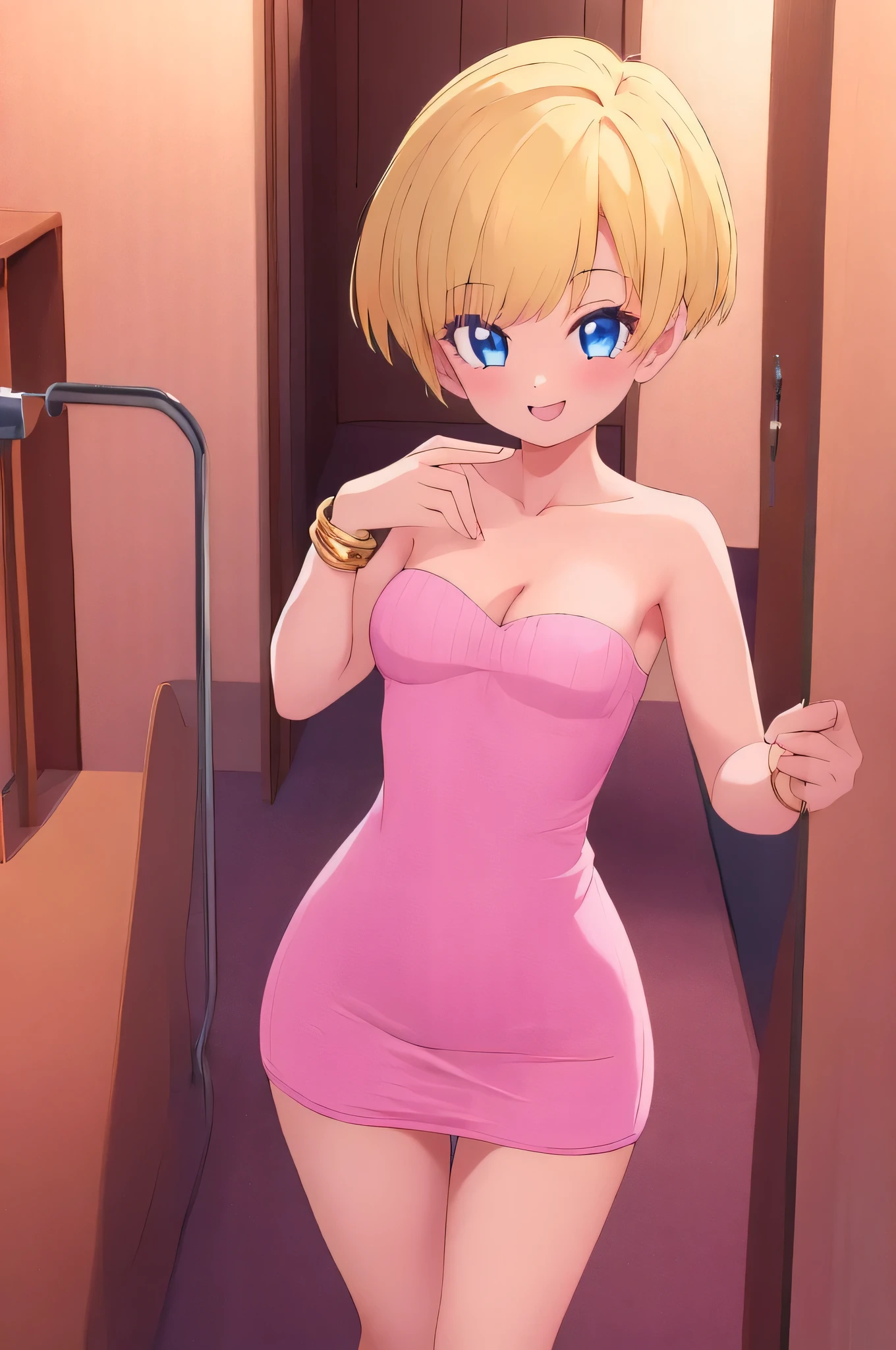 Best Quality, Masterpiece:1.4), (Absurdres:1.2), 1 girl, Solo, erasa, blonde hair, blue eyes, gold bracelets, cleavage, small breasts, m1n1dr3ss3ng, pink m1n1dr3ss3ng, standing up, indoor room, smile, looking at viewer, cowboy shot
