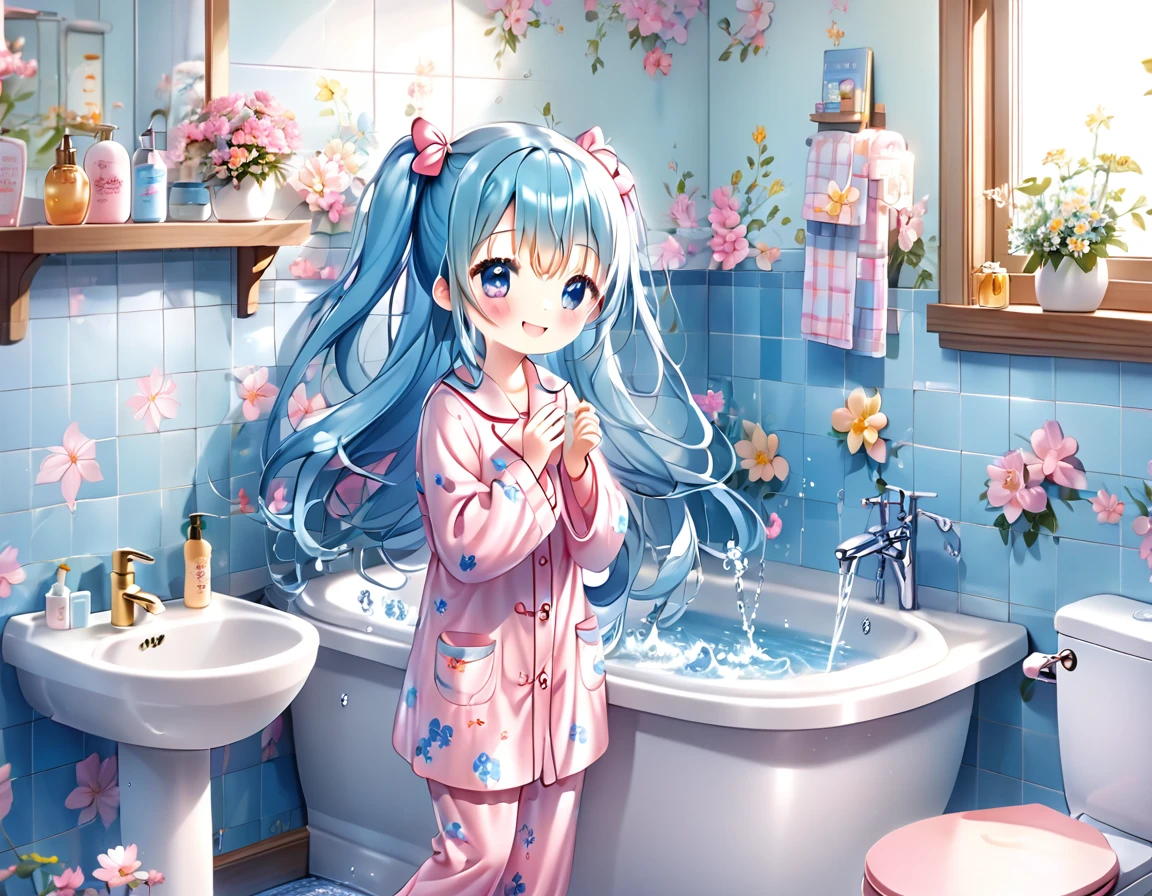 Light blue long hair、Twin-tailed Girl、Pink pajamas with floral pattern、smile、Washing her face in the bathroom、A lot of margaret flowers are displayed、Splash