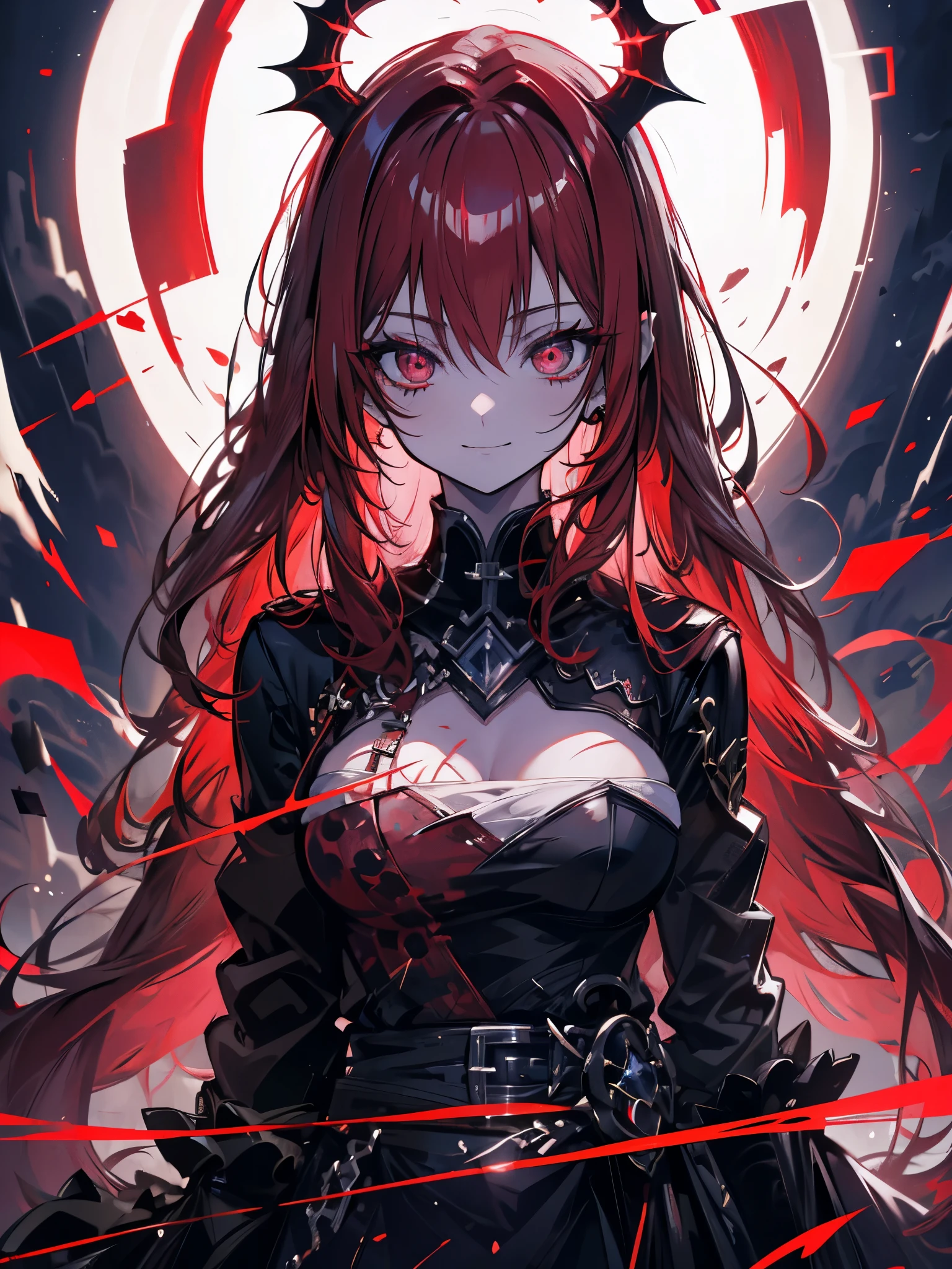 Princess of darkness with eyes of blood, Red hair, tails, evil smile, anime styling, Lens flare, high détail, First person view, cinematic lighting, work of art, super detaill, best qualityer, 8K, ultra HD