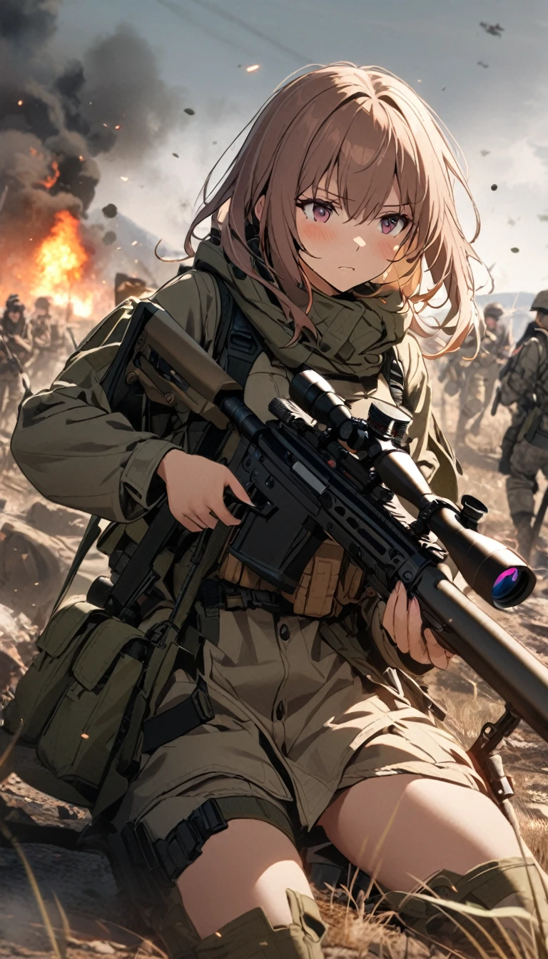 1girl, fire from sniper rifle, Sniper rifle, battlefield, super delicate