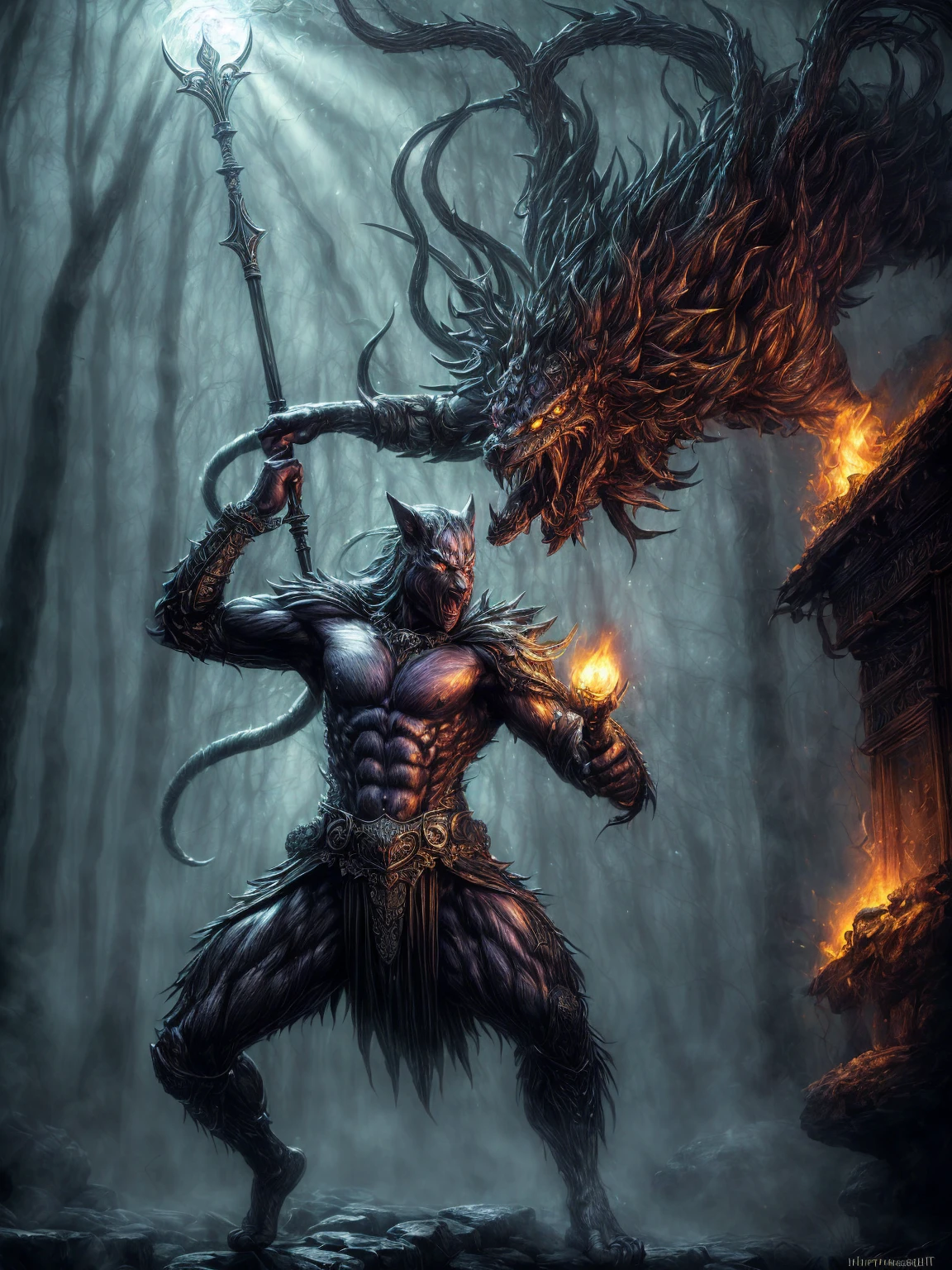 (Award-winning masterpiece:1.5), (incredible detail), (hyper realistic:1.4), (whole body:1.7), (brutal creature caught in a magical trap), (witches attacking with staffs and spells), (intense struggle), (detailed depiction of creature's rage), (dramatic lighting), (intricate details:1.1)