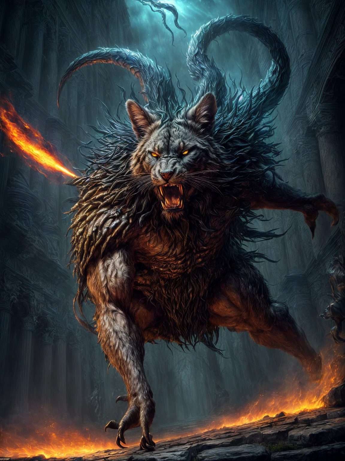 (Award-winning masterpiece:1.5), (incredible detail), (hyper realistic:1.4), (whole body:1.7), (brutal creature caught in a magical trap), (witches attacking with staffs and spells), (intense struggle), (detailed depiction of creature's rage), (dramatic lighting), (intricate details:1.1)