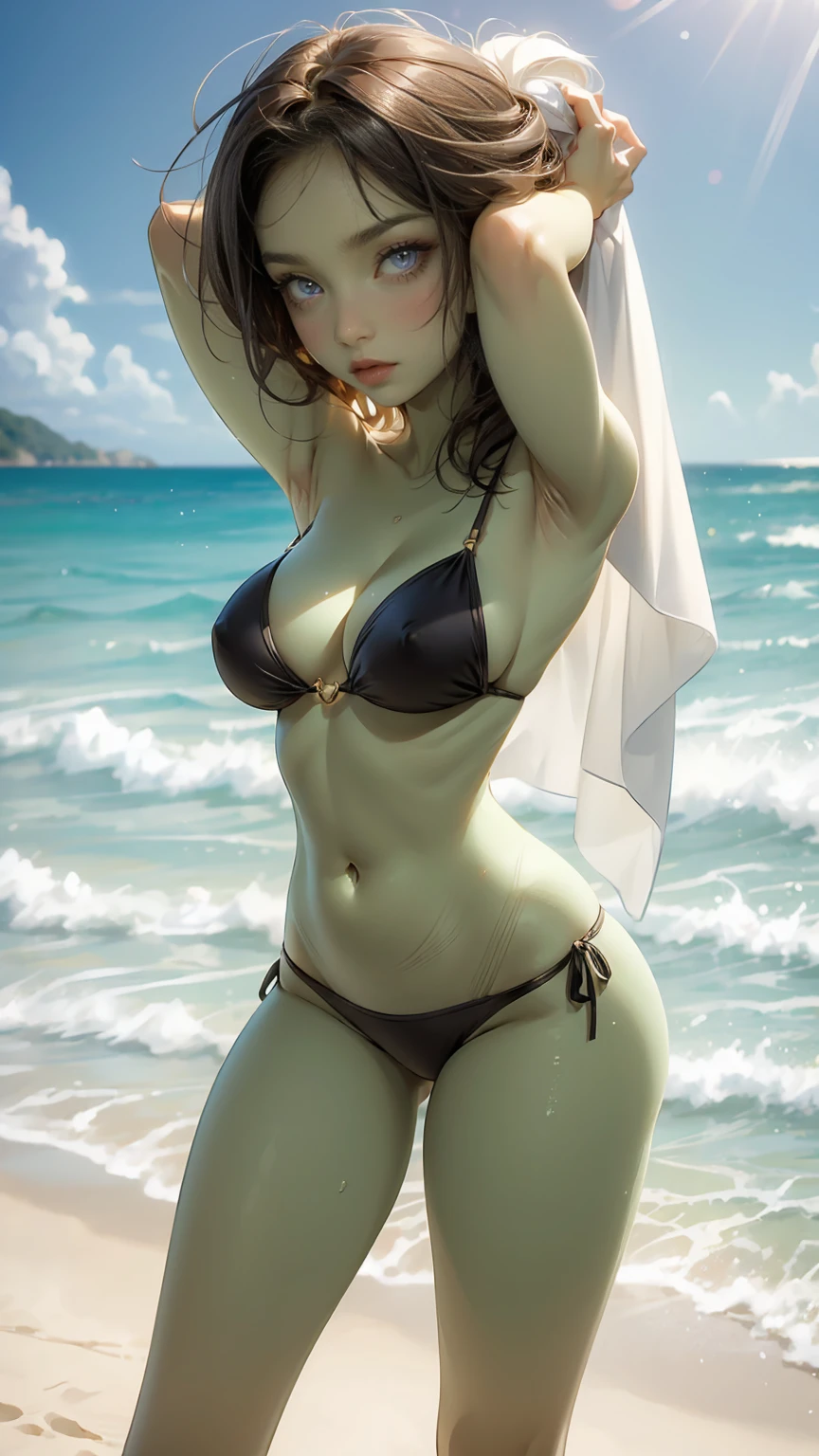 ((best quality)), ((masterpiece)), (detailed), perfect face, ((green skin)), pointy ears, very shy, tiny breasts, wearing sunglasses, short dark hair, covering up, embarrassed, scared, on the beach, being shy, wearing the most beautiful bikini anyone has ever seen, beautiful, sexy, gorgeous, underboob, skindentation, open white towel, open towel, tan lines, strong tan lines