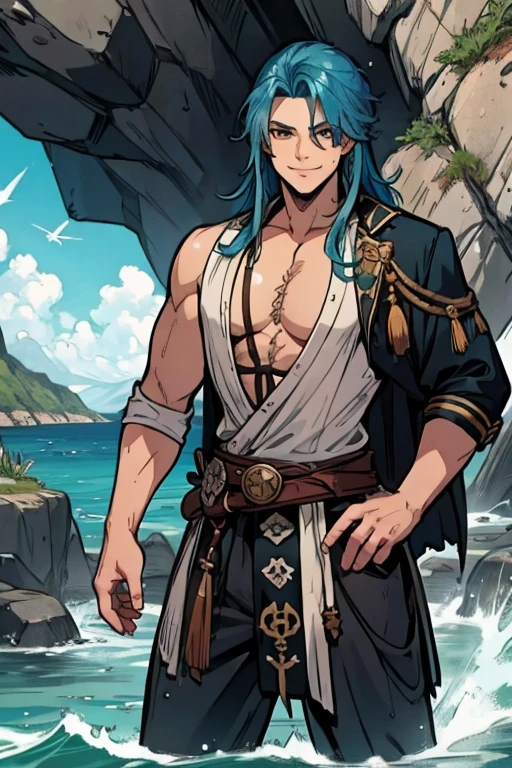A muscular blue haired man with gray eyes and long hair in a pirate's outfit is standing on a sea cliff with a big smile