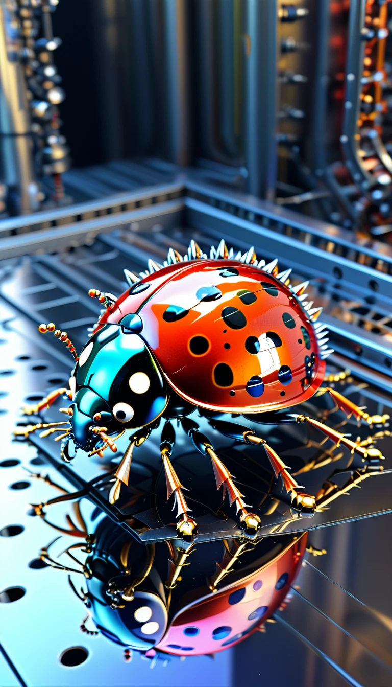 There is no one, Reality Photos, Reality Photos, Realistic photo of a ladybug-like creature, spikes, multicolored sparkling, strange and, Surreal and, the other world, A robotic factory with a shiny assembly plant, intricate details, very sharp, Sophisticated details, Flawless composition, vivid colors, masterpiece, futuristic, metal decoration, The shiny red interior is empty., polished, ray tracing