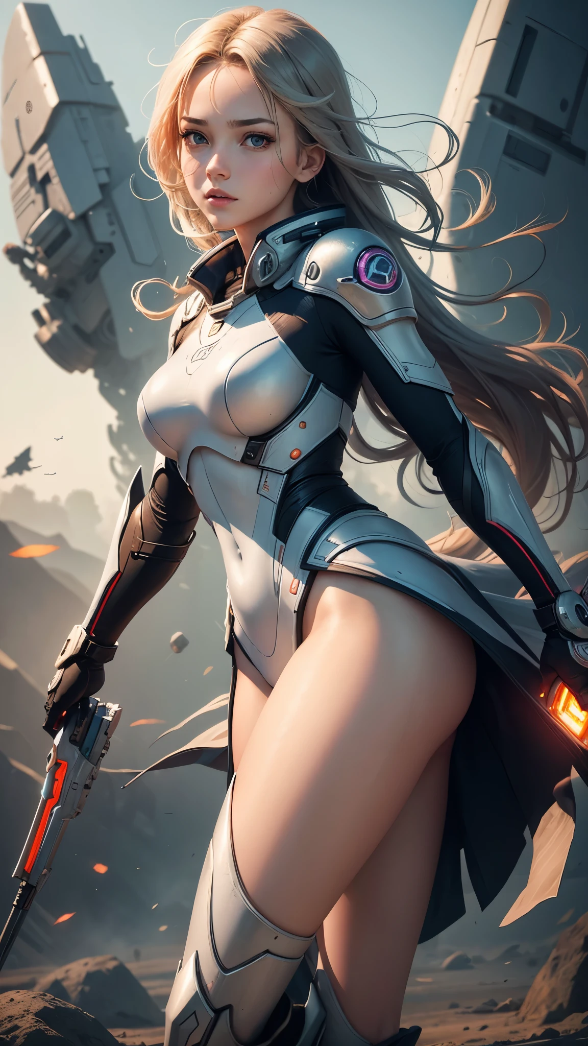 (Perfect Anatomy:1.4,Highest quality、超High resolution、High resolution、Highly detailed CG、8K Unit Wallpaper),((Biologically correct limb count))、(Symmetrical facial features))、Eyes with detailed description、Beautiful woman、Excellent style、(thin)、Facial detailing,masterpiece、Vibrant, Imaginary image of a girl in a mecha suit, ((Fly gracefully across the battlefield of the future)). The girl is full of energy, Bright colors contrast with muted hues, The mechanical beauty of the suit. The suit&#39;s vibrant colors and intricate details、Sophisticated, Mecha futuristic design.