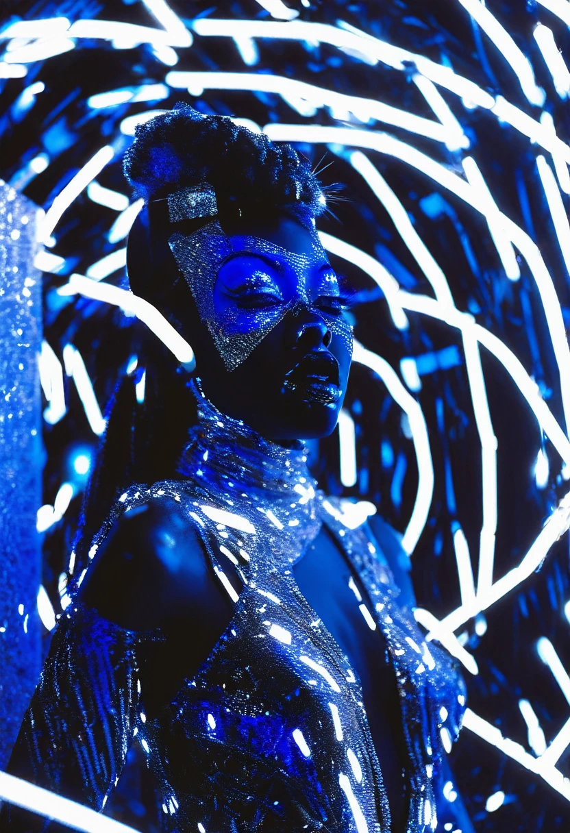 Side angle shot of black woman standing model pose in an empty tunnel, with blue glittering particles shining in the tunnel , black and white picture with only the blue particles in the tunnel in colour, ultra HD, cinematic lighting, 32k