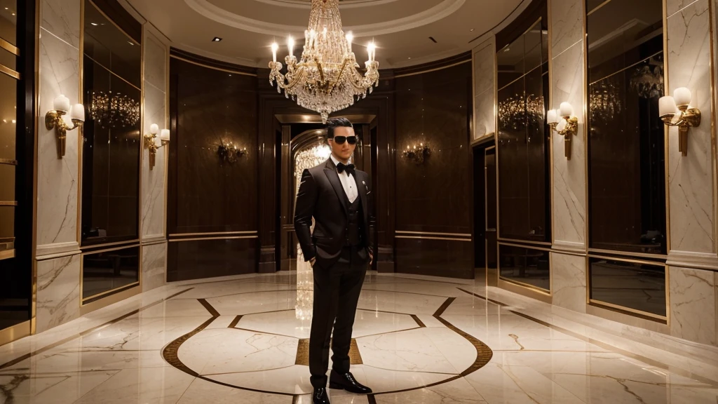 A handsome and attractive man with a more masculine appearance, short straight hair slicked back, brown eyes, and lightly tanned skin. He is dressed in elegant and luxurious dark suits, with shades of red and black, exuding power and confidence. The setting is a classic yet modern environment, predominantly white and bright, featuring high-end elements like grand chandeliers, marble floors, and opulent furniture. The overall atmosphere is sophisticated, clear, and modern, emphasizing wealth and luxury.