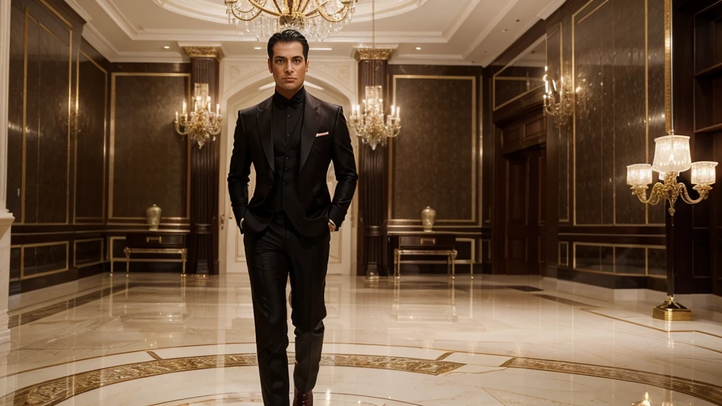 A handsome and attractive man with a more masculine appearance, short straight hair slicked back, brown eyes, and lightly tanned skin. He is dressed in elegant and luxurious dark suits, with shades of red and black, exuding power and confidence. The setting is a classic yet modern environment, predominantly white and bright, featuring high-end elements like grand chandeliers, marble floors, and opulent furniture. The overall atmosphere is sophisticated, clear, and modern, emphasizing wealth and luxury.