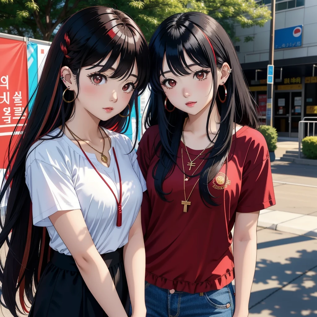 anime panel,upper body, 1girl,solo Korean, long, curly and black hair with red highlights, red slanted eyes, casual clothes, ear piercing, necklace, hair illuminated by sunlight, park background,sad
