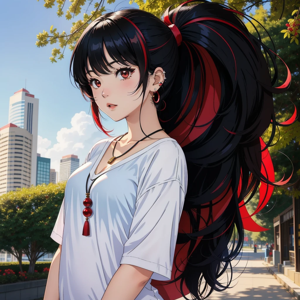 anime panel,upper body, 1girl,solo Korean, long, curly and black hair with red highlights, red slanted eyes, casual clothes, ear piercing, necklace, hair illuminated by sunlight, park background,sad