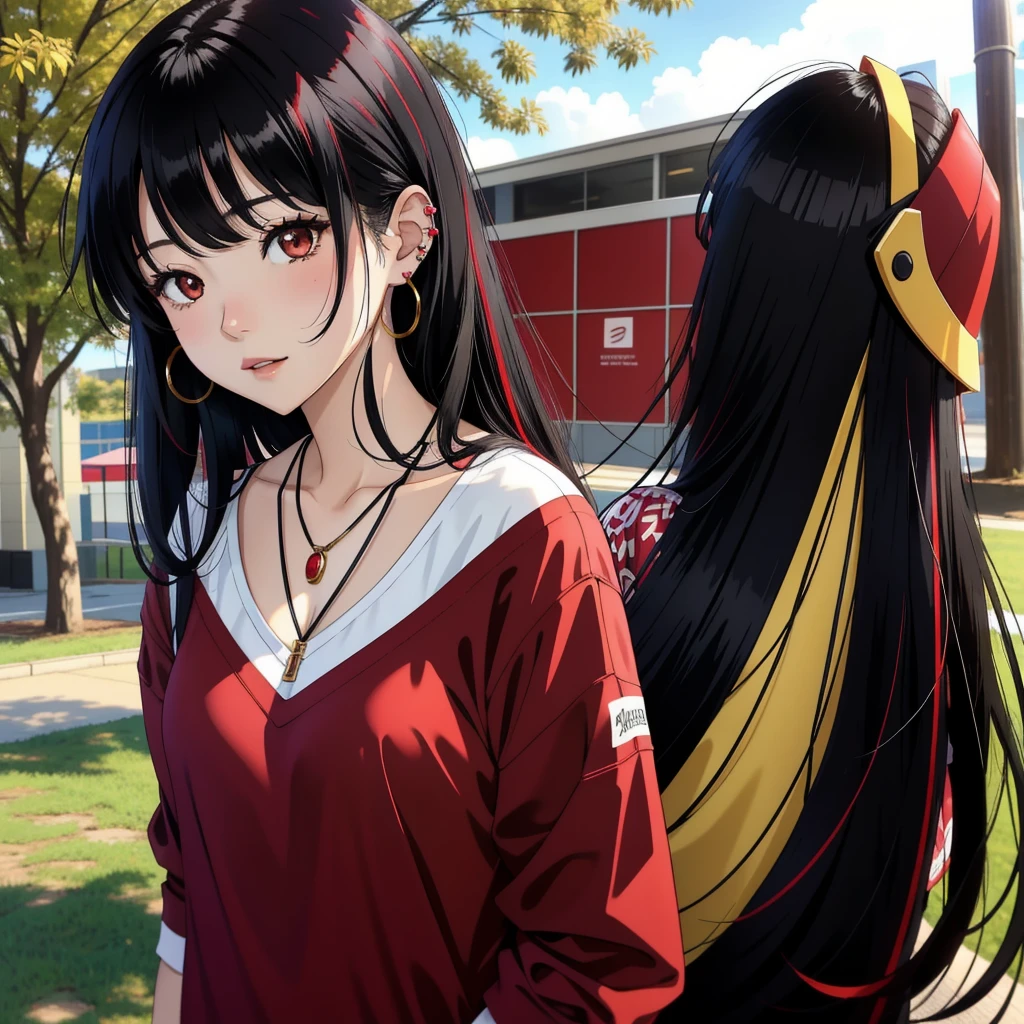 anime panel,upper body, 1girl,solo Korean, long, curly and black hair with red highlights, red slanted eyes, casual clothes, ear piercing, necklace, hair illuminated by sunlight, park background,sad