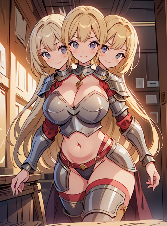 (masterpiece),(ultra-detailed), (high quality), (high resolution), (best quality:1.5, highres, UHD), highres, absurdo, ultra detail, ultra quality, (2heads:1.5), 1girl, ((golden blonde hair)), thighs, (gray armor), female warrior, (open belly), (open breasts), exposed midriff, huge tits, (medieval outfit), (black eyes), cropped armored chest piece, gorgeous female knight, Guild Clothes with Armor, Fantasyart:1.5, (1 Female Knight:1.5), Detailed and detailed depiction armor, (seductive smirk), detailed eyes, revealing armor, open belly. 