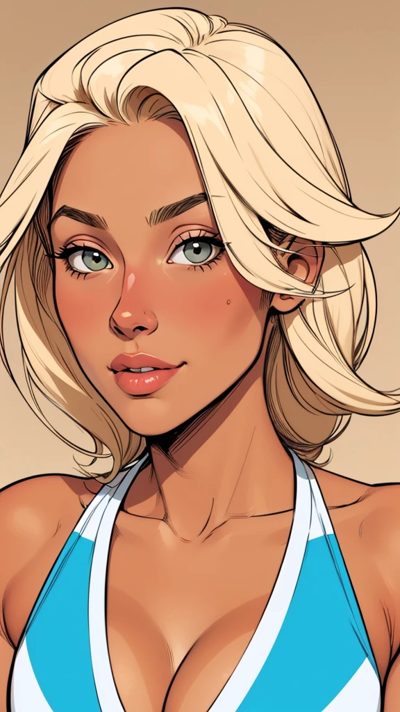 Flat colors, close up, portrait of a 25 year old surfer looking girl, tan skin, beach blonde salty hair, natural beaty, beautiful, casual nice breasts, Cleavage simply beige background