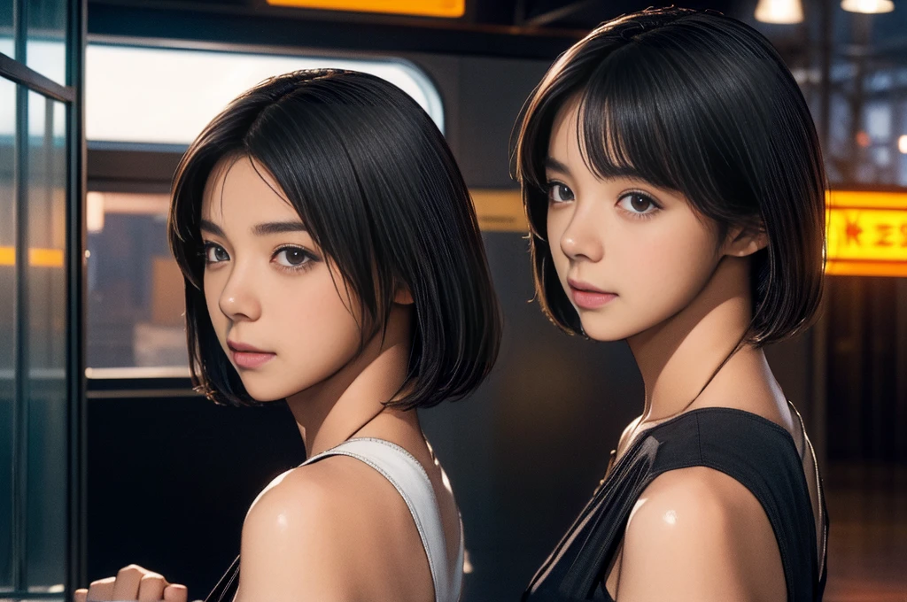 Elaizaikedareal, 19-year-old young woman , highest quality, high resolution, short hair, black eyes, watch viewers, station home , railway ,beauty, top quality , high resolution