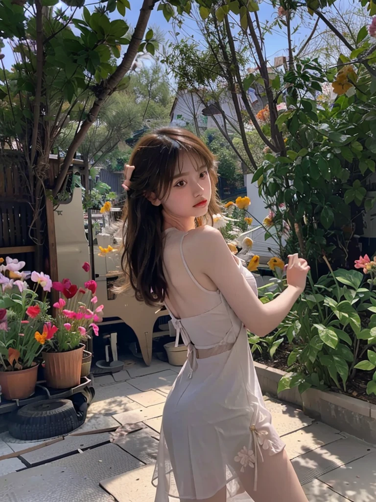 In a garden full of flowers, Under the sun, A young girl in a skimpy dress is dancing.,The sun shines from behind, showing the shadow of the body.