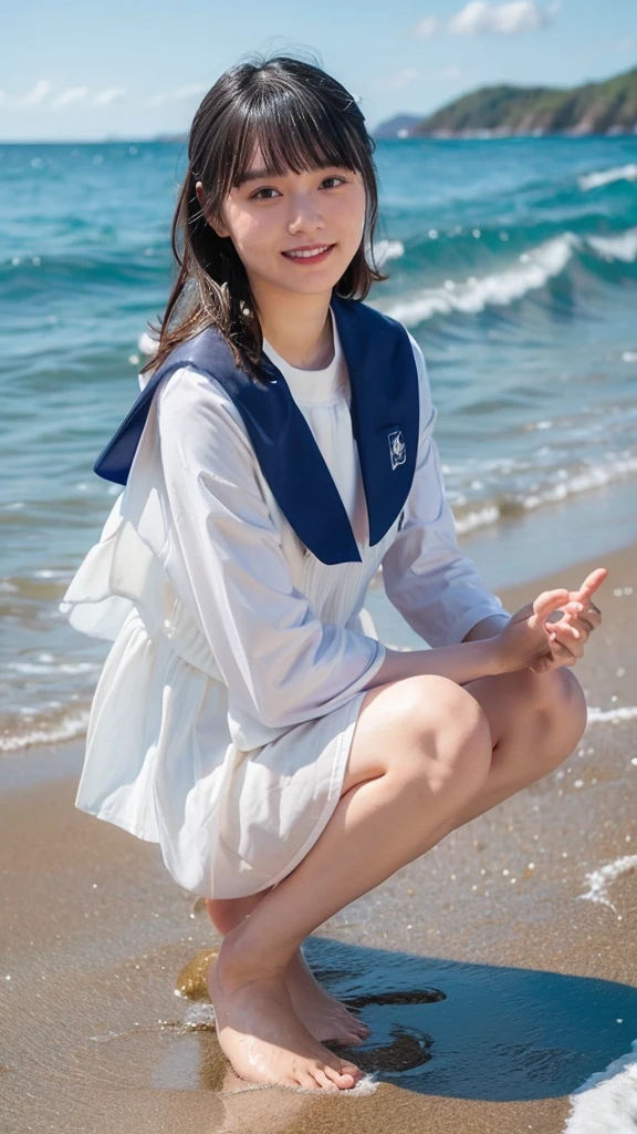 (((sunny day、Japanese 、Beach、A strong wind is blowing、Her hair and skirt are flying、Crouch down, Scooping up seawater and spreading your hands、Traditional navy blue sailor uniform、White blouse、Pleated skirt、Playing in sea water:1.25、splash、Pour water on the camera、smile、Laughter、Sandy Beach、Light of the sun、clear blue sea、The waves crash quietly、blue sky with white clouds、green mountain々、Beautiful Nature、The joy of youth)))、(((Top-down composition:1.33)))、(((8K、Highest quality、masterpiece、Ultra-high resolution)))、(Realistic:1.4)、RAW Photos、(Real skin texture:1.3)、(Film Grain:1.3)、((No underwear、Bend one leg))、One Girl、Beautiful and detailed eyes and face、barefoot、