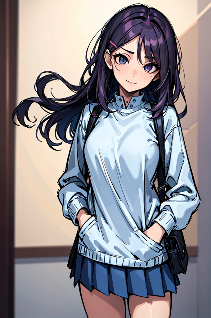 (absurdres, 8k, 4k, masterpiece, hyper extreme detailed:1.2), solo, 1girl, front view, perfect face, 1girl, portrait, looking at viewer, solo, standing, Female,  Female, expressive eyes, perfect face, dark purple hair, 1girl, messy hair, perfect anatomy, adult, standing, straight hair, pale, half body, Medium hair, perfect anatomy, friendly, happy, good, good natured, kind, kindhearted, understanding, honesty, integrity, empathy, empathic, smile, nice, happy, expressive, cute, caring, Compassionate, Humility, Integrity, Forgiveness, forgiving, sparkling eyes, expressive eyes, hair covering forehead, swept bangs, medium bust, t-shirt, cute outfit, blue skirt, wholesome, Patience, love, loving, Generous, savior, saint, saintly, devoted, selfless, Positive, Encouraging, polite, courage, courageous, Considerate, unselfish, Diligent, warm, welcoming, Temperate, Cooperative, faithful, Imaginative, Fairness, fair, perfect, normal, 1girl, cutesy, pins, hairpins, bedroom background, colorful, backpack, flowers, flowers in hair, slender, slim, beautiful, wonderful, warm smile, tilted head, hope, integrity, inspiring, benevolent, huggable, cute outfit, cute bag, hands in pockets,
