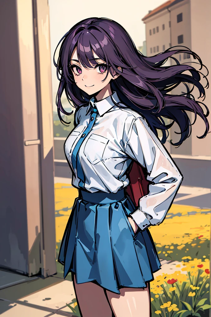 (absurdres, 8k, 4k, masterpiece, hyper extreme detailed:1.2), solo, 1girl, front view, perfect face, 1girl, portrait, looking at viewer, solo, standing, Female, Mature Female, expressive eyes, perfect face, dark purple hair, 1girl, messy hair, perfect anatomy, adult, standing, straight hair, pale, half body, Medium hair, perfect anatomy, friendly, happy, good, good natured, kind, kindhearted, understanding, honesty, integrity, empathy, empathic, smile, nice, happy, expressive, cute, caring, Compassionate, Humility, Integrity, Forgiveness, forgiving, sparkling eyes, expressive eyes, hair covering forehead, swept bangs, medium bust, t-shirt, cute outfit, blue skirt, wholesome, Patience, love, loving, Generous, savior, saint, saintly, devoted, selfless, Positive, Encouraging, polite, courage, courageous, Considerate, unselfish, Diligent, warm, welcoming, Temperate, Cooperative, faithful, Imaginative, Fairness, fair, perfect, normal, 1girl, cutesy, pins, hairpins, bedroom background, colorful, backpack, flowers, flowers in hair, slender, slim, beautiful, wonderful, warm smile, tilted head, hope, integrity, inspiring, benevolent, huggable, cute outfit, cute bag, hands in pockets,
