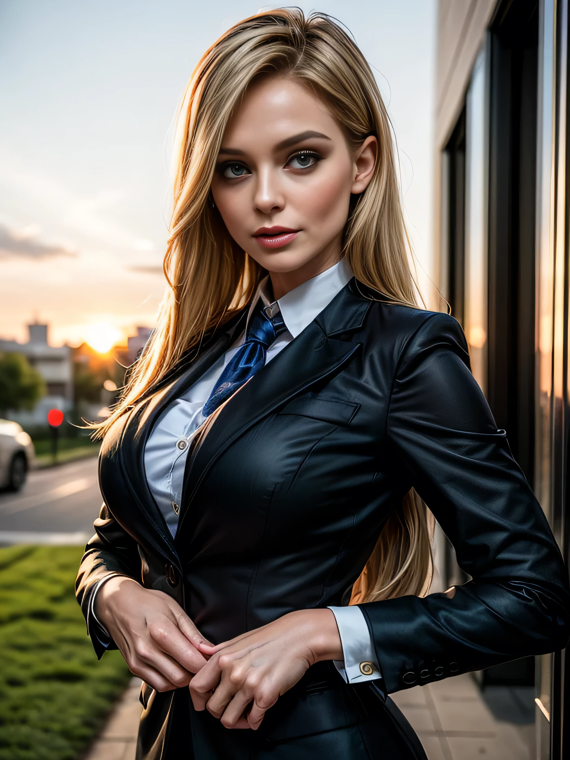 (masterpiece, photorealistic:1.4, extremely intricate:1.3, radiosity, photon mapping, dtx), ((40 year old supermodel, ((business suit, black suit coat, yellow silk men's business shirt, serious, 45 years old)), long eyelashes, makeup:1.3)), ((([skin detail:freckles:0.9], portrait, closeup))), outdoor, park, faraway city, professional photograph mature woman, (long straight hair [blonde hair:dark hair:0.7], wind), BREAK ((sunset), bokeh, blurry background), BREAK, ((([medium breasts:large breasts:0.6])))