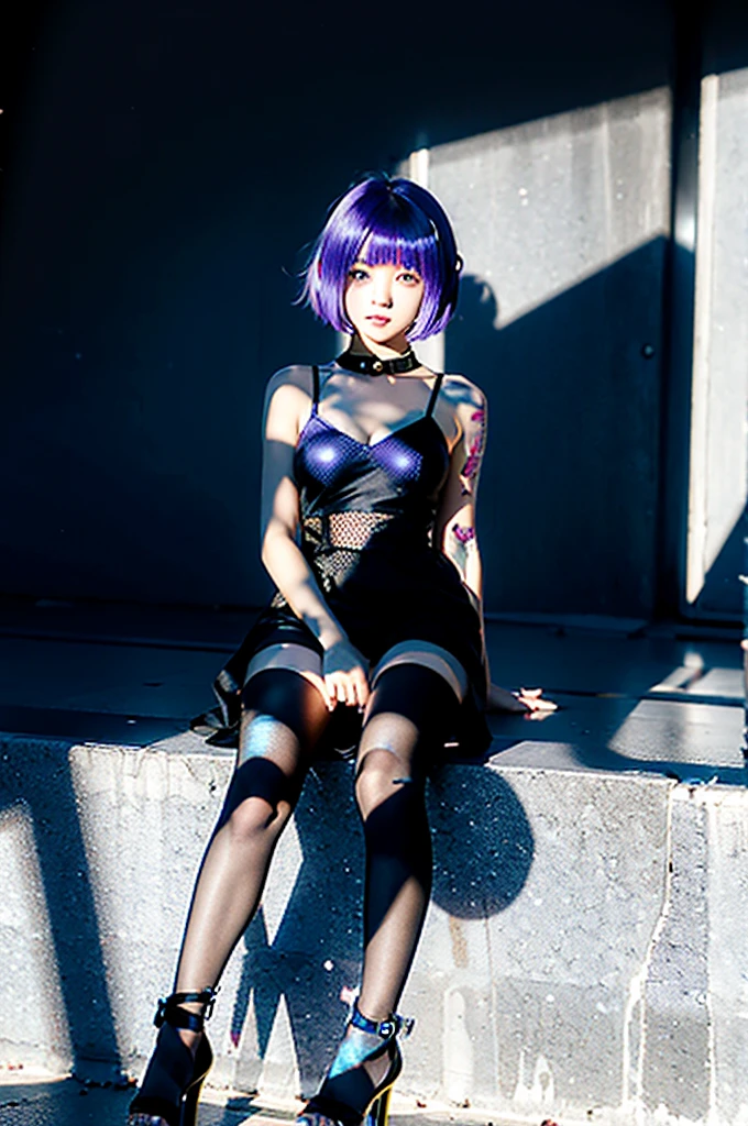  Character decals,cute girl alone, short blue-purple hair with a bang covering one eye, whole body,16 year, (chibi genre), blue spaghetti strap dress, black fishnet tights,heeled shoes, serious face,rendered at 6K resolution.,soft shadows,Black background for creating websites,2:3