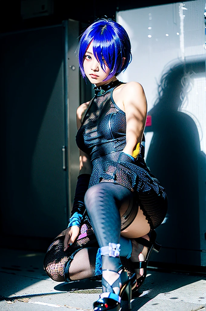  Character decals,cute girl alone, short blue-purple hair with a bang covering one eye, whole body,16 year, (chibi genre), blue spaghetti strap dress, black fishnet tights,heeled shoes, serious face,rendered at 6K resolution.,soft shadows,Black background for creating websites,2:3