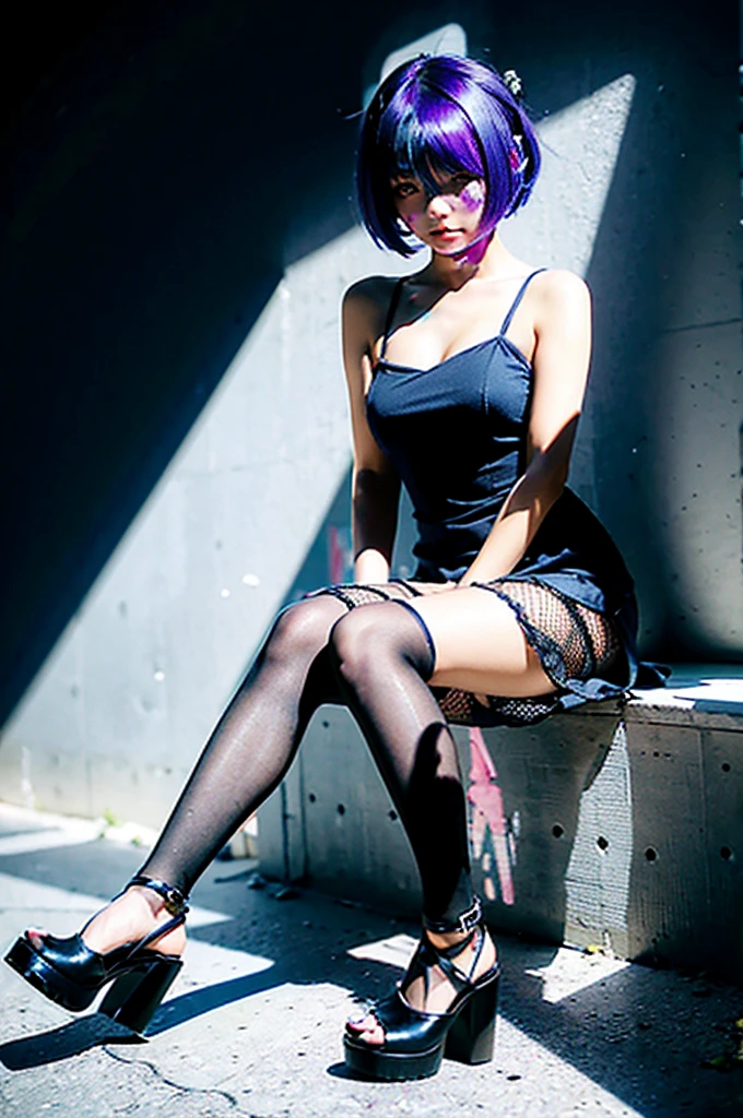  Character decals,cute girl alone, short blue-purple hair with a bang covering one eye, whole body,, (chibi genre), blue spaghetti strap dress, black fishnet tights,heeled shoes, serious face,rendered at 6K resolution.,soft shadows,Black background for creating websites,2:3