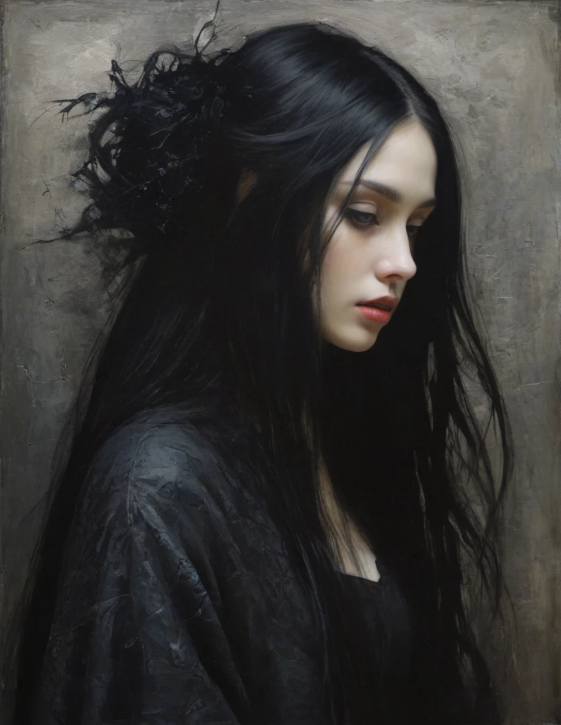 James Gurney, Surrealist art , dream-like, Mysterious, Provocative, symbolic, Complex, detailed,, (Gothic but very beautiful:1.4), (masterpiece, highest quality:1.4) , Nicola Samori Style, girl with long black hair, gray eyes, black coat