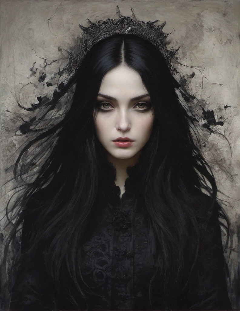 James Gurney, Surrealist art , dream-like, Mysterious, Provocative, symbolic, Complex, detailed,, (Gothic but very beautiful:1.4), (masterpiece, highest quality:1.4) , Nicola Samori Style, girl with long black hair, gray eyes, black coat