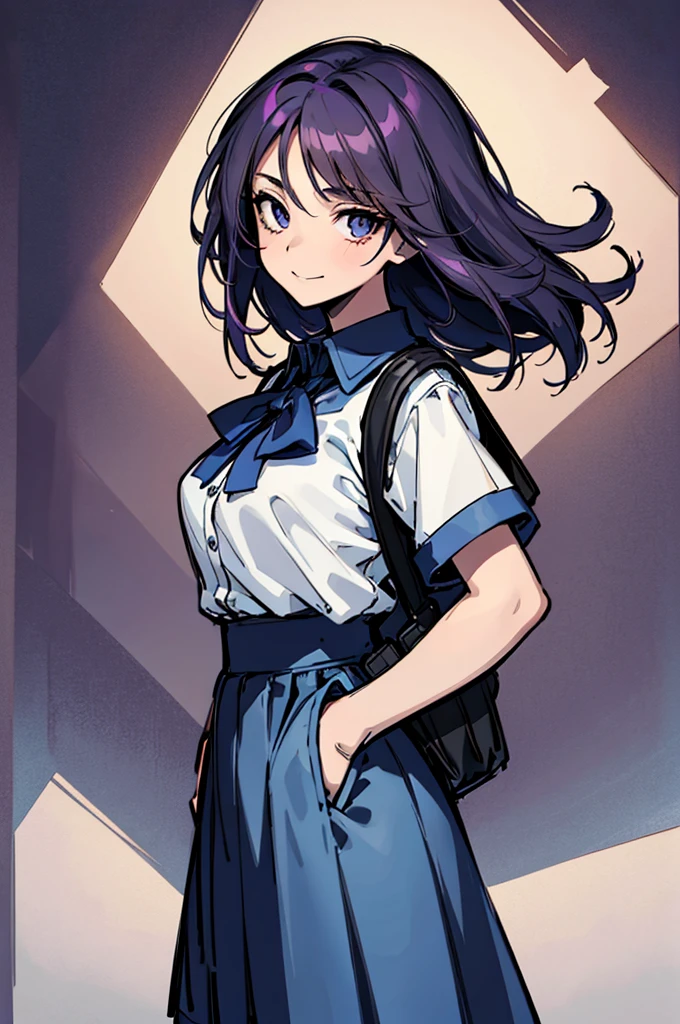 (absurdres, 8k, 4k, masterpiece, hyper extreme detailed:1.2), solo, 1girl, front view, perfect face, 1girl, portrait, looking at viewer, solo, standing, Female, Mature Female, expressive eyes, perfect face, dark purple hair, 1girl, messy hair, perfect anatomy, adult, standing, straight hair, pale, half body, Medium hair, perfect anatomy, friendly, happy, good, good natured, kind, kindhearted, understanding, honesty, integrity, empathy, empathic, smile, nice, happy, expressive, cute, caring, Compassionate, Humility, Integrity, Forgiveness, forgiving, sparkling eyes, expressive eyes, hair covering forehead, swept bangs, medium bust, t-shirt, cute outfit, blue skirt, wholesome, Patience, love, loving, Generous, savior, saint, saintly, devoted, selfless, Positive, Encouraging, polite, courage, courageous, Considerate, unselfish, Diligent, warm, welcoming, Temperate, Cooperative, faithful, Imaginative, Fairness, fair, perfect, normal, 1girl, cutesy, pins, hairpins, bedroom background, colorful, backpack, flowers, flowers in hair, slender, slim, beautiful, wonderful, warm smile, tilted head, hope, integrity, inspiring, benevolent, huggable, cute outfit, cute bag, hands in pockets,
