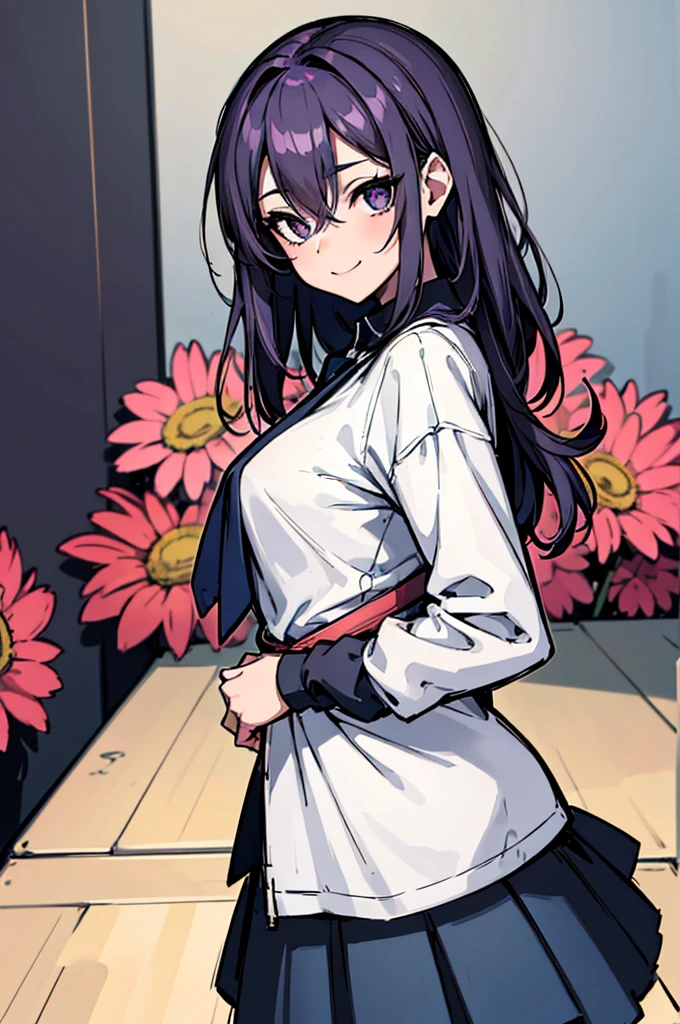(absurdres, 8k, 4k, masterpiece, hyper extreme detailed:1.2), solo, 1girl, front view, perfect face, 1girl, portrait, looking at viewer, solo, standing, Female, Mature Female, expressive eyes, perfect face, dark purple hair, 1girl, messy hair, perfect anatomy, adult, standing, straight hair, pale, half body, Medium hair, perfect anatomy, friendly, happy, good, good natured, kind, kindhearted, understanding, honesty, integrity, empathy, empathic, smile, nice, happy, expressive, cute, caring, Compassionate, Humility, Integrity, Forgiveness, forgiving, sparkling eyes, expressive eyes, hair covering forehead, swept bangs, medium bust, t-shirt, cute outfit, blue skirt, wholesome, Patience, love, loving, Generous, savior, saint, saintly, devoted, selfless, Positive, Encouraging, polite, courage, courageous, Considerate, unselfish, Diligent, warm, welcoming, Temperate, Cooperative, faithful, Imaginative, Fairness, fair, perfect, normal, 1girl, cutesy, pins, hairpins, bedroom background, colorful, backpack, flowers, flowers in hair, slender, slim, beautiful, wonderful, warm smile, tilted head, hope, integrity, inspiring, benevolent, huggable, cute outfit, cute bag, hands in pockets,