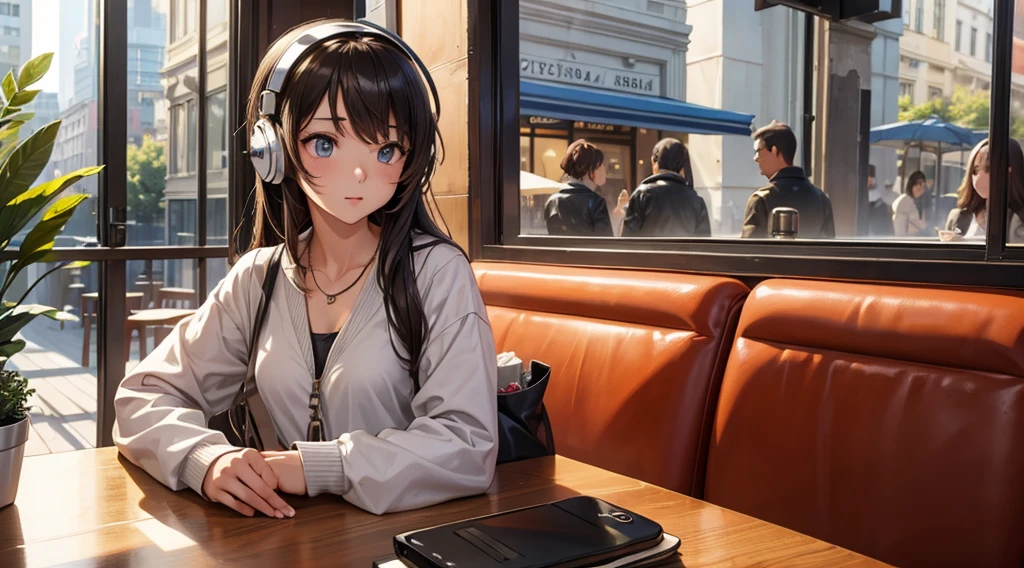 Girl with headphones enjoying music in a cafe I am studying Emphasize a little bit of the chest