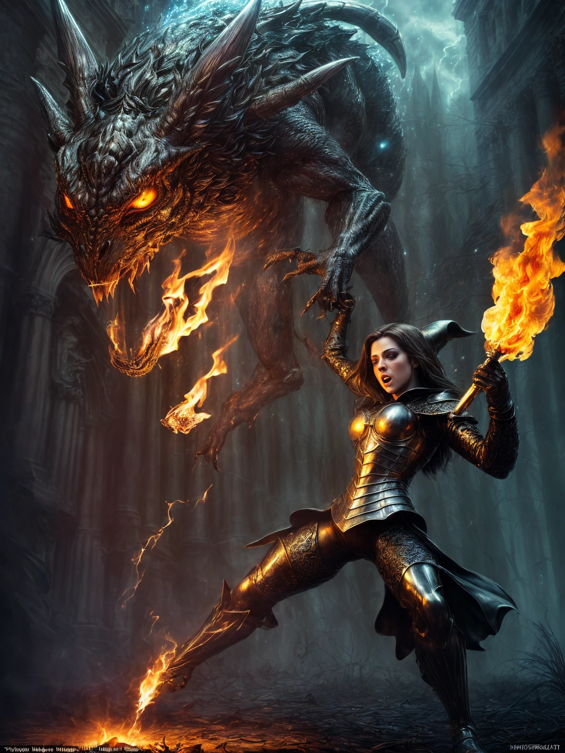 (Award-winning masterpiece:1.5), (incredible detail), (hyper realistic:1.4), (whole body:1.7), (witch charging with a torch), (brutal creature trying to shield itself), (fire reflecting in the creature's eyes), (detailed combat scene), (dramatic lighting), (intricate details:1.1)