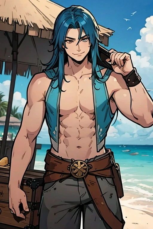 A muscular blue haired man with gray eyes and long hair in a pirate's outfit is carrying a treasure chest on a tropical beach with a big smile