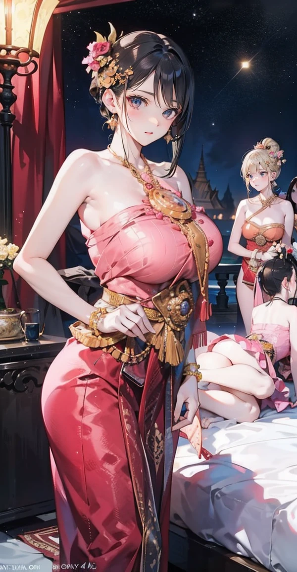 Group of 5 princesses,(5 young women,many young women), (in the bedroom), Various hair styles, harem, Wearing a strapless Thai dress.., at night, detailed face, big breasts,Breast curtain, short skirt, mule, Sleeveless , Show your armpits, at night, starry at night,(large areolae:1.4,pink,The nipples are clearly visible....),((Various poses)