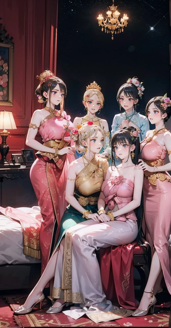 Group of 5 princesses,(5 young women,many young women), (in the bedroom), Various hair styles, harem, Wearing a strapless Thai dress.., at night, detailed face, big breasts,Breast curtain, short skirt, mule, Sleeveless , Show your armpits, at night, starry at night,(large areolae:1.4,pink,The nipples are clearly visible....),((Various poses)