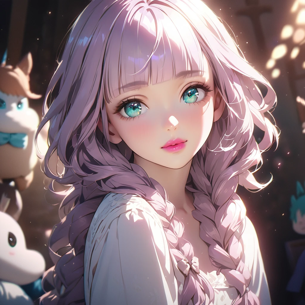 (cute a girl;1.5),Anime-style,8k,ultra detailes,masterpiece,Cinematic lighting,
anime visual,  (Lovey-dovey:1.5), (tilt head:1.3), extremely delicate face, realistic lighting and shading, (an extremely delicate and beautiful art:1.3),
(a gril with semi long braids wavy hair, pale purple blunt bangs hair, aqua eyes,pink lips:1.3)

 