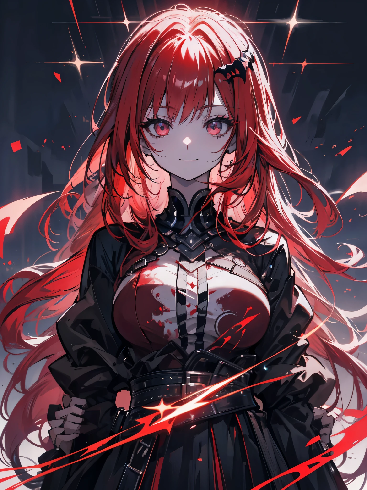 Princess of darkness with eyes of blood, Red hair, tails, evil smile, anime styling, Lens flare, high détail, First person view, cinematic lighting, work of art, super detaill, best qualityer, 8K, ultra HD