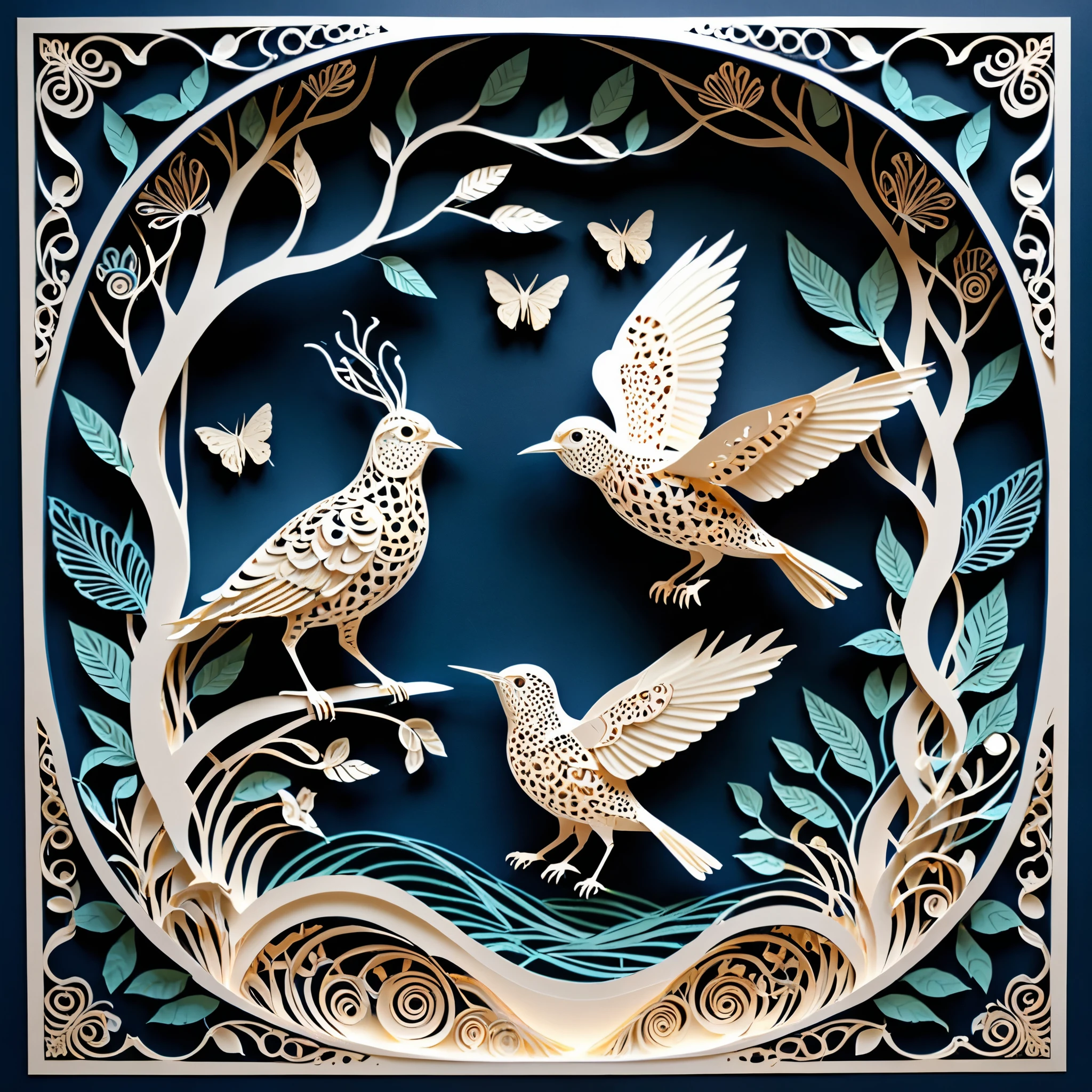 Create a detailed paper cutout artwork depicting a scene that combines intricate patterns with various creatures. The scene should include a harmonious blend of elaborate, decorative patterns interwoven with animals such as birds, fish, butterflies, and other creatures. The patterns should complement the forms and movements of the animals, creating a seamless integration between the natural and the abstract. The artwork should evoke a sense of wonder and intricacy, highlighting the beauty and complexity of both the patterns and the creatures. The overall mood should be artistic and enchanting, capturing the elegance of nature through detailed design