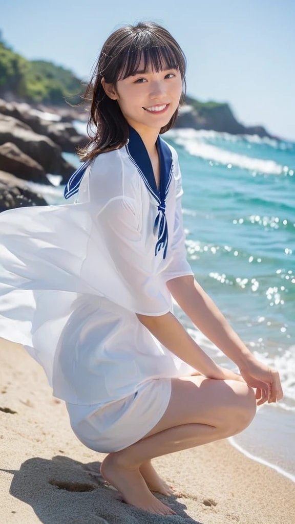 (((sunny day、Japanese 、Beach、A strong wind is blowing、Her hair and skirt are flying、Crouch down, Scooping up seawater and spreading your hands、Traditional navy blue sailor uniform、White blouse、Pleated skirt、Playing in sea water:1.25、splash、Pour water on the camera、smile、Laughter、Sandy Beach、Light of the sun、clear blue sea、The waves crash quietly、blue sky with white clouds、green mountain々、Beautiful Nature、The joy of youth)))、(((Top-down composition:1.33)))、(((8K、Highest quality、masterpiece、Ultra-high resolution)))、(Realistic:1.4)、RAW Photos、(Real skin texture:1.3)、(Film Grain:1.3)、((No underwear、Bend one leg))、One Girl、Beautiful and detailed eyes and face、barefoot、