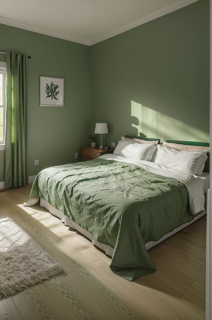 The bedroom is decorated with green walls and a bed with a green duvet, green painted walls, gray painted and white painted, decorated with a robinhood theme in the forest , green tones, has 1 dark wall, brightly lit room, smooth paneling, photo-realistic room, green accents, 
robinhood theme decorations, realistic 3d rendering, clean and pristine design