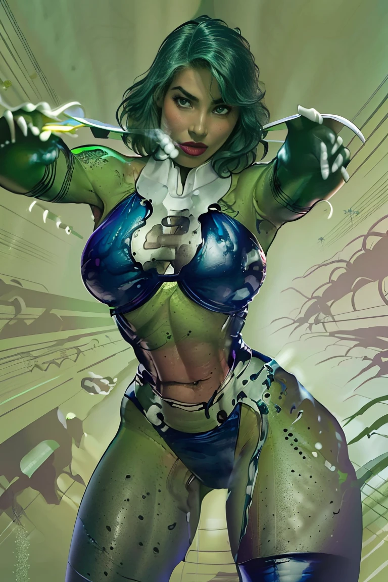 Susan Storm from the fantastic four with green hair and green skin, slutty, busty, beautiful large breasts, by Louis Royo, Boris Vallejo, Frank Frazetta, extreme focus, sharp details, sexy, oily skin, sexy, naughty, dynamic pose, (((((green skin))))), (((green hair)))
