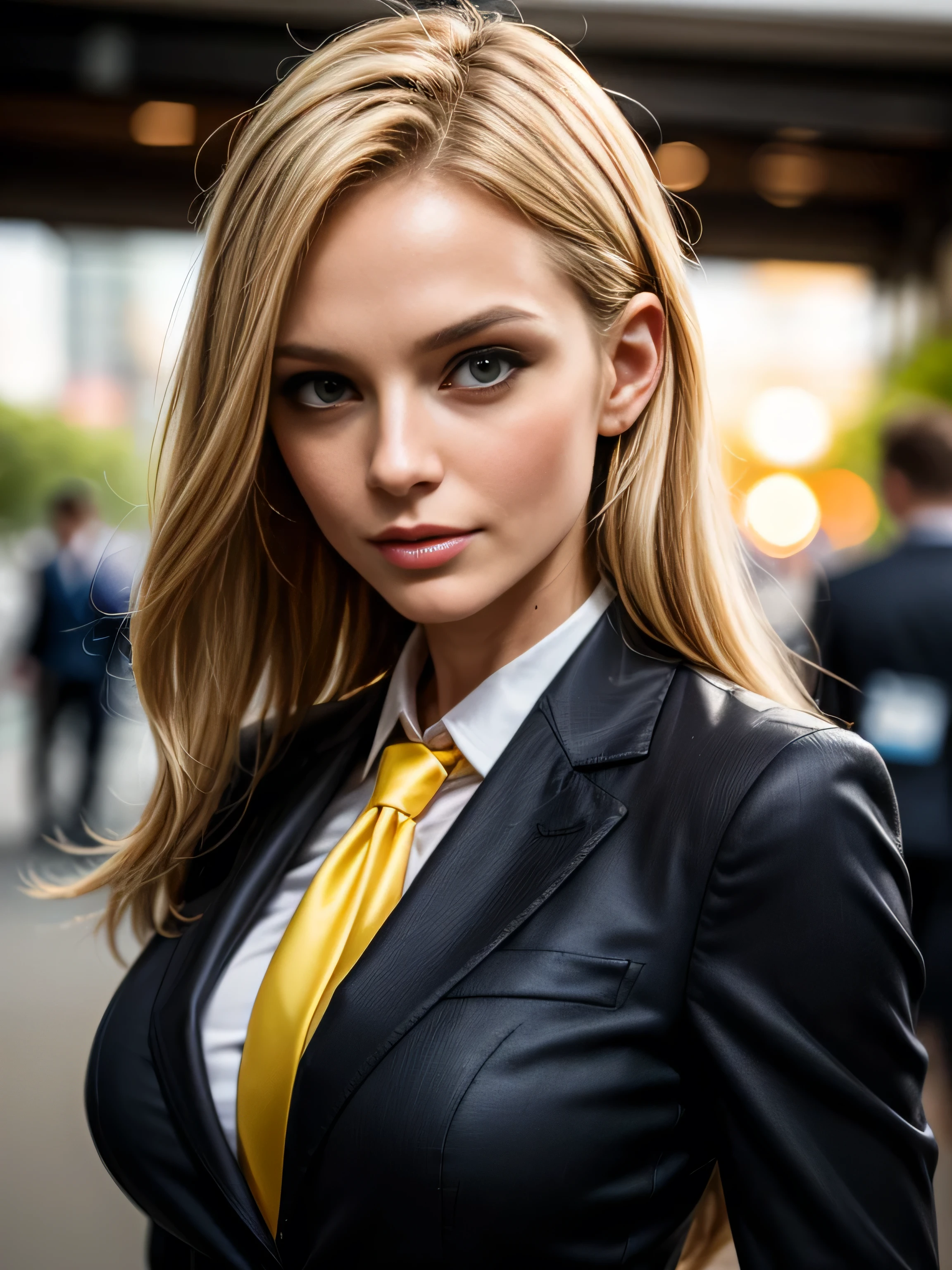 (masterpiece, photorealistic:1.4, extremely intricate:1.3, radiosity, photon mapping, dtx), ((40 year old supermodel, ((business suit, black suit coat, yellow silk men's business shirt, serious, 45 years old)), long eyelashes, makeup:1.3)), ((([skin detail:freckles:0.9], portrait, closeup))), outdoor, park, faraway city, professional photograph mature woman, (long straight hair [blonde hair:dark hair:0.7], wind), BREAK ((sunset), bokeh, blurry background), BREAK, ((([medium breasts:large breasts:0.6])))