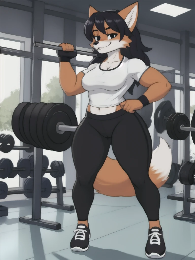 Furry, fox, female, white shirt, black leggings, shoes, gym, teen, full body