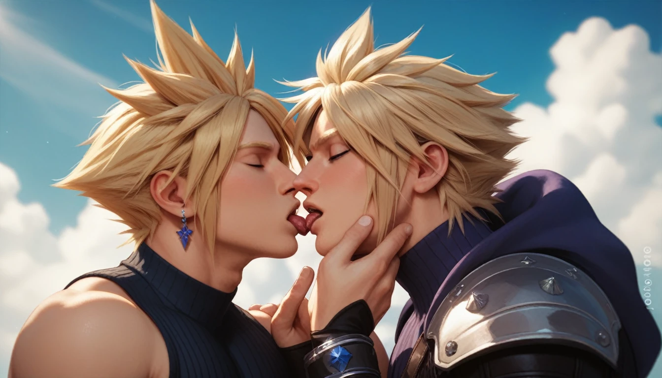 best quality, masterpiece, final fantasy 7, cosplay, cloud strife and biggs, kissing, looking at each other, sexy, gay, homoerotic, best view, perfect fingers, no watermark, no logo, no signature