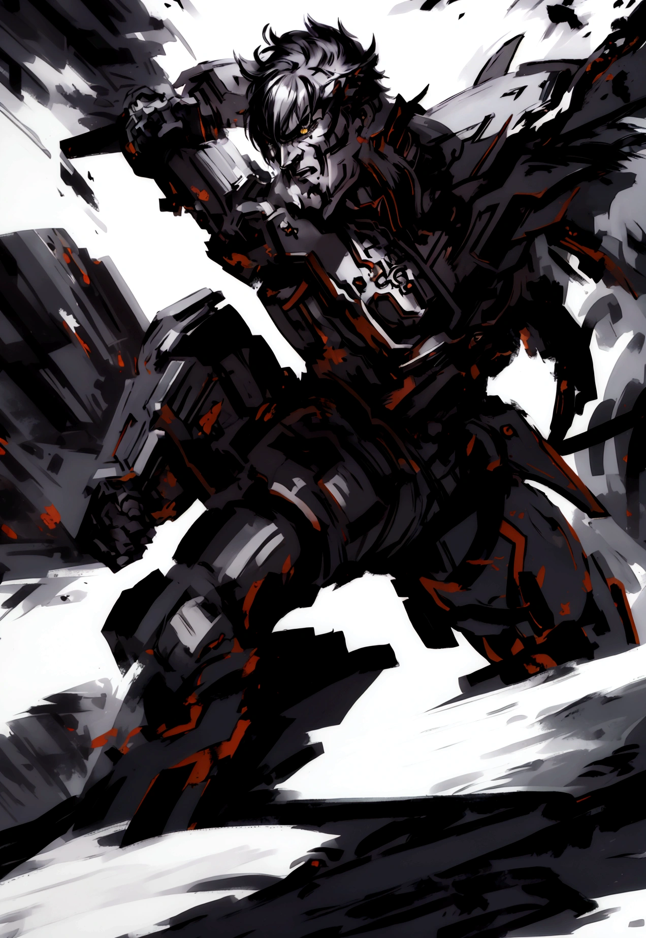 male hero in a combat pose, dynamic action shot, high contrast lighting, detailed facial features, piercing eyes, tattered costume, dramatic shadows, dynamic motion blur, hyper detailed digital art, cinematic lighting, heroic and intense expression