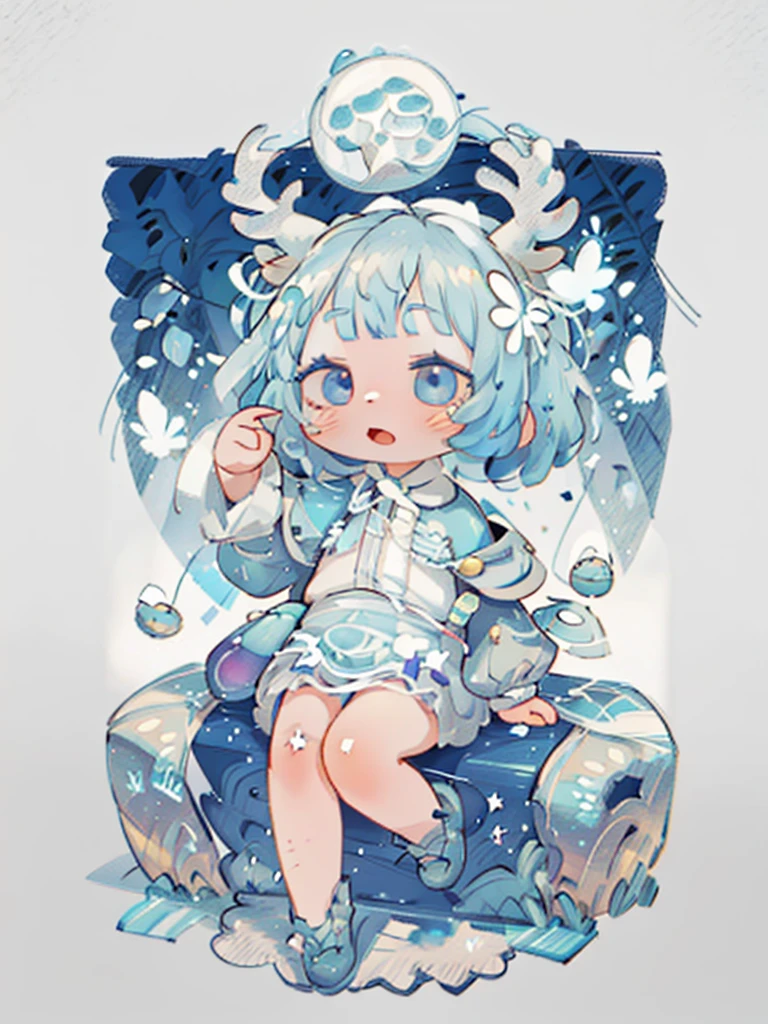 tarot, BORDER, celestial, chibi, masterpiece, best quality, extremely detailed, detailed background, detailed face, 1girl, full-body, solo, pale skin, LONG blue hair which each strands were being lifted up by butterflies, deer ears, white deer horns, happy expression, white dress, blue flower, good finger, perfect face, intricate details, mystical forest theme