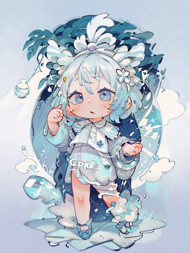 tarot, BORDER, celestial, chibi, masterpiece, best quality, extremely detailed, detailed background, detailed face, 1girl, full-body, solo, pale skin, LONG blue hair which each strands were being lifted up by butterflies, deer ears, white deer horns, happy expression, white dress, blue flower, good finger, perfect face, intricate details, mystical forest theme