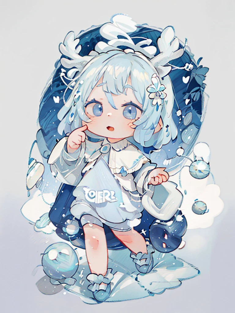 tarot, BORDER, celestial, chibi, masterpiece, best quality, extremely detailed, detailed background, detailed face, 1girl, full-body, solo, pale skin, LONG blue hair which each strands were being lifted up by butterflies, deer ears, white deer horns, happy expression, white dress, blue flower, good finger, perfect face, intricate details, mystical forest theme